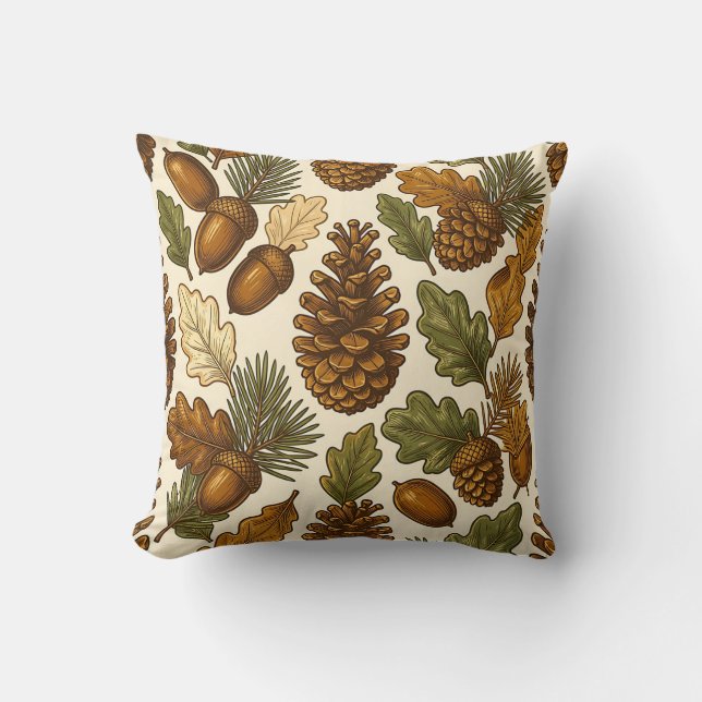 Autumn Acorn Pinecone Oak Leaf Pattern Cushion (Front)