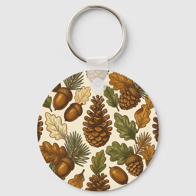 Autumn Acorn Pinecone Oak Leaf Pattern Key Ring (Front)