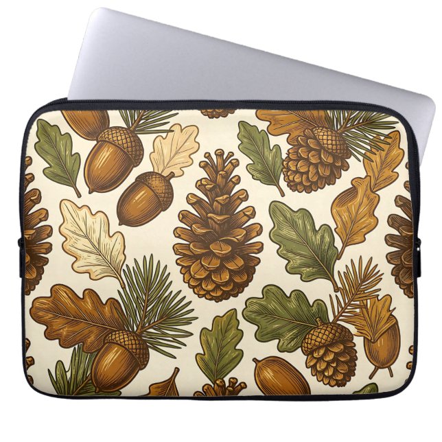 Autumn Acorn Pinecone Oak Leaf Pattern Laptop Sleeve (Front)