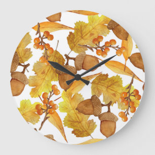 Autumn Acorns: Watercolor Thanksgiving Design Large Clock