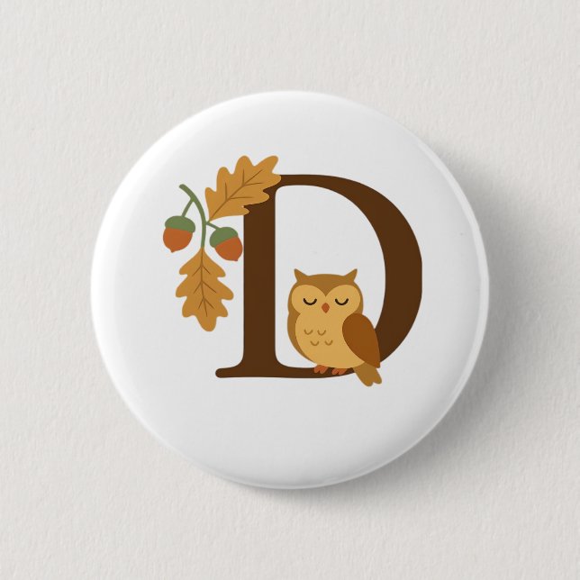 Autumn Alphabet Monogram Letter D – Owl with Oak L 6 Cm Round Badge (Front)