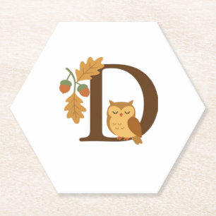 Autumn Alphabet Monogram Letter D – Owl with Oak L Paper Coaster