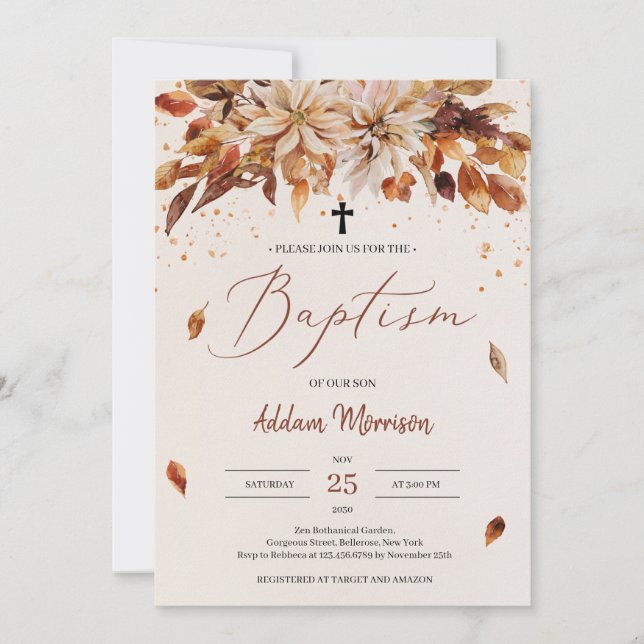 Autumn and Fall Orange Flowers Marigold Baptism Invitation (Front)