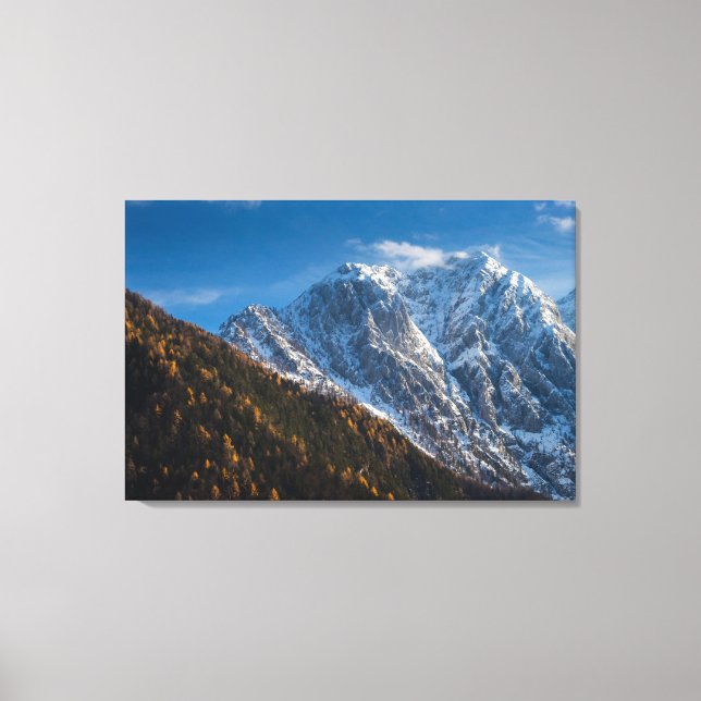 Autumn and winter at snowy mountains canvas print (Front)
