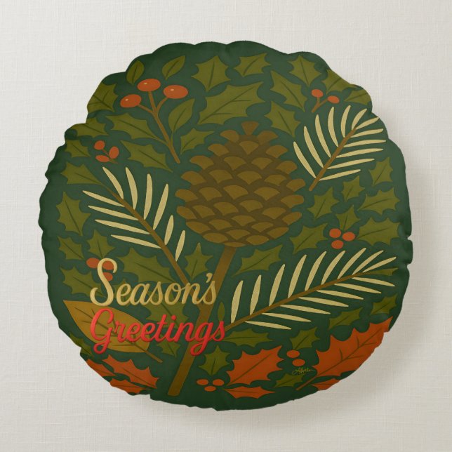 Autumn and Winter Holidays Season's Greetings Round Cushion (Front)