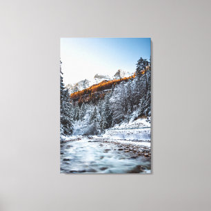 Autumn and winter river, forest and mountains canvas print