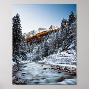 Autumn and winter river, forest and mountains poster