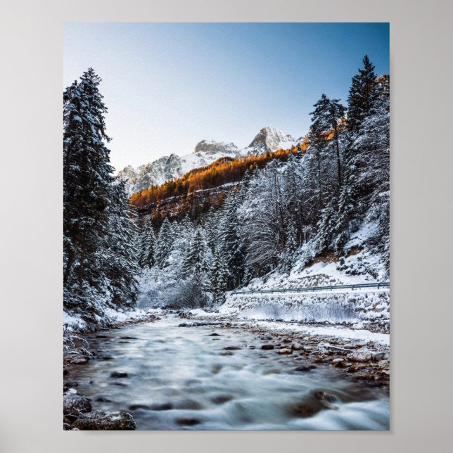 Autumn and winter river, forest and mountains poster (Front)