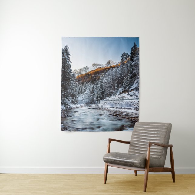 Autumn and winter river, forest and mountains tapestry (In Situ)