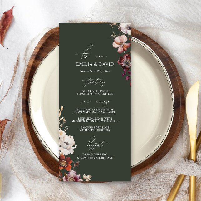 Autumn Anemone Floral Dark Green Wedding Menu (Creator Uploaded)