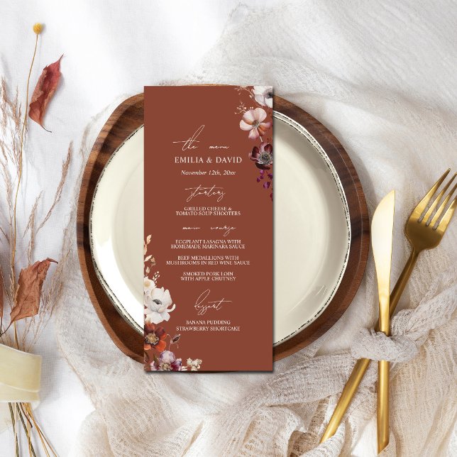 Autumn Anemone Floral Dark Terracotta Wedding Menu (Creator Uploaded)