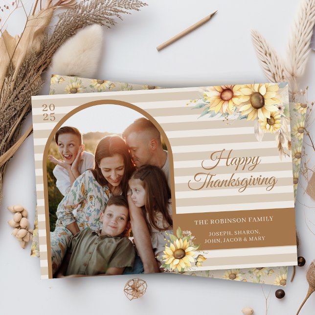 Autumn Arch Sunflowers Chic Happy Thanksgiving Holiday Card (elegant tan and cream happy thanksgiving card with arch photo and watercolor sunflowers and message)