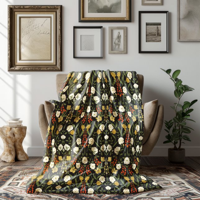 Autumn Art Nouveau Cream and Goldenrod Floral Fleece Blanket (Creator Uploaded)