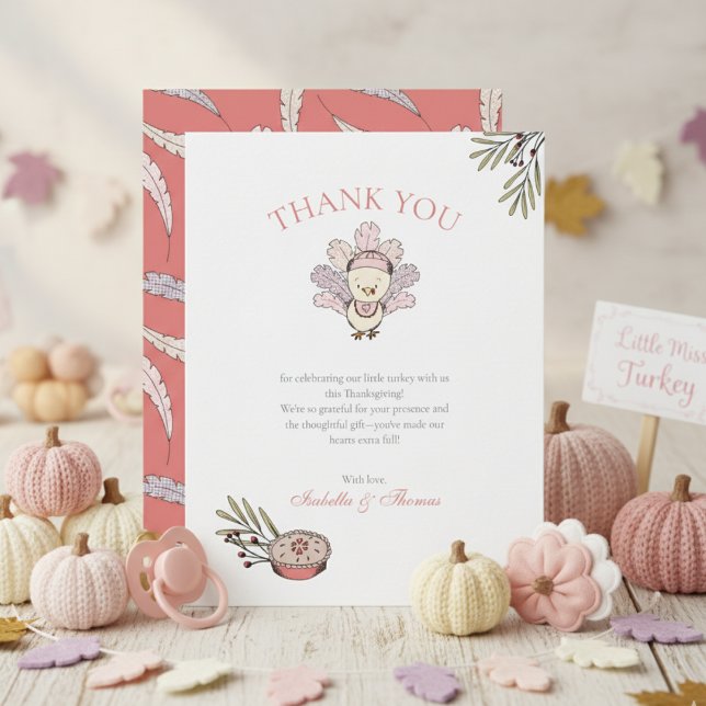 Autumn Baby Girl Little Turkey Thank You Card (Cute Little Turkey Thanksgiving Baby Shower Thank You Card. Baby Turkey, Gingham Feathers, Pie, Leaf)