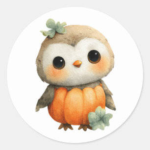 Autumn Baby Owl Cute Watercolor Illustration Bird Classic Round Sticker
