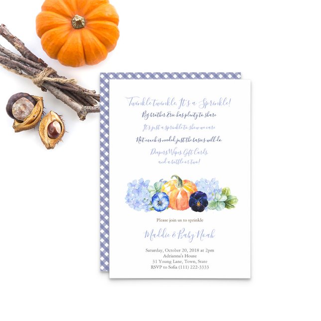 Autumn Baby Sprinkle for Boy, Pumpkin blue florals Invitation (Country blue floral pumpkin Baby Sprinkle Party for boy invitation)