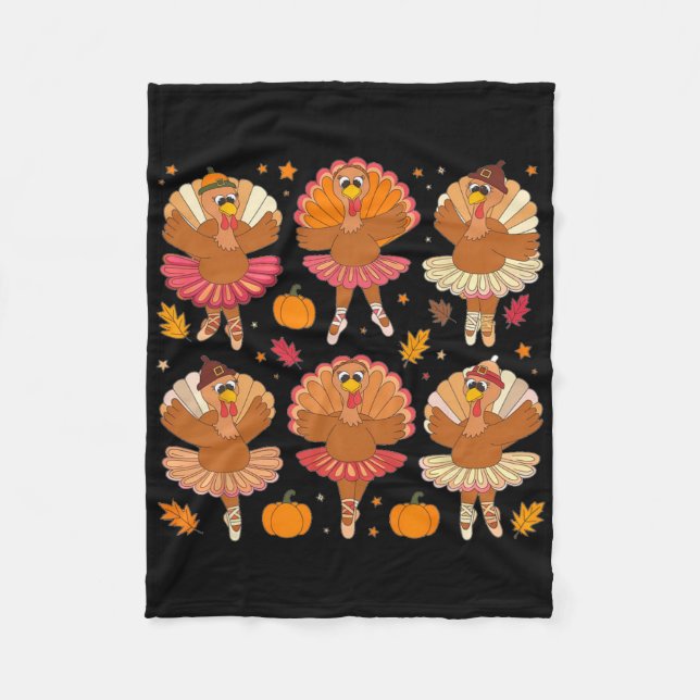 Autumn Ballerinas Dancing Cute Turkey Thanksgiving Fleece Blanket (Front)