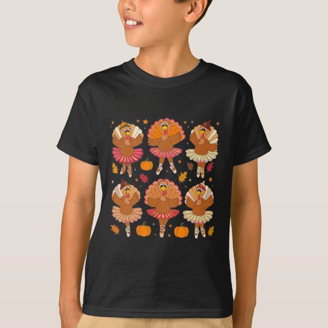 Autumn Ballerinas Dancing Cute Turkey Thanksgiving T-Shirt (Front)