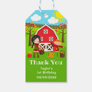 Autumn Barnyard Birthday Black Hair Girl Thank You Gift Tags