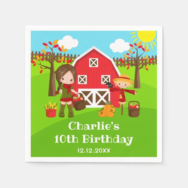 Autumn Barnyard Birthday Brown Hair Girl Napkin (Front)