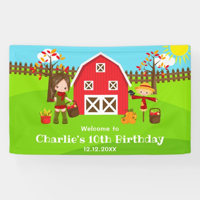 Autumn Barnyard Birthday Brown Hair Girl Welcome Banner (Horizontal)