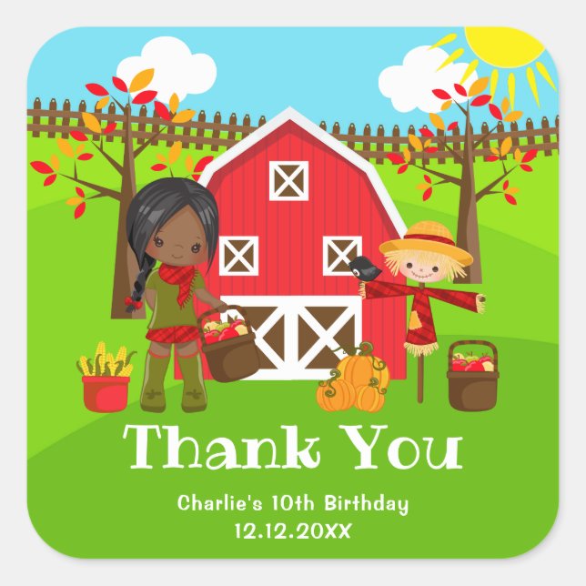 Autumn Barnyard Birthday Dark Skin Girl Thank You Square Sticker (Front)