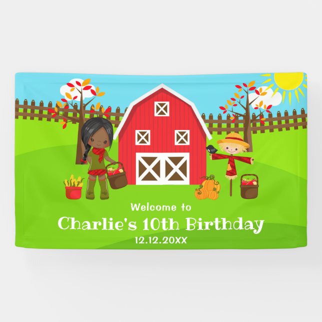 Autumn Barnyard Birthday Dark Skin Girl Welcome Banner (Horizontal)
