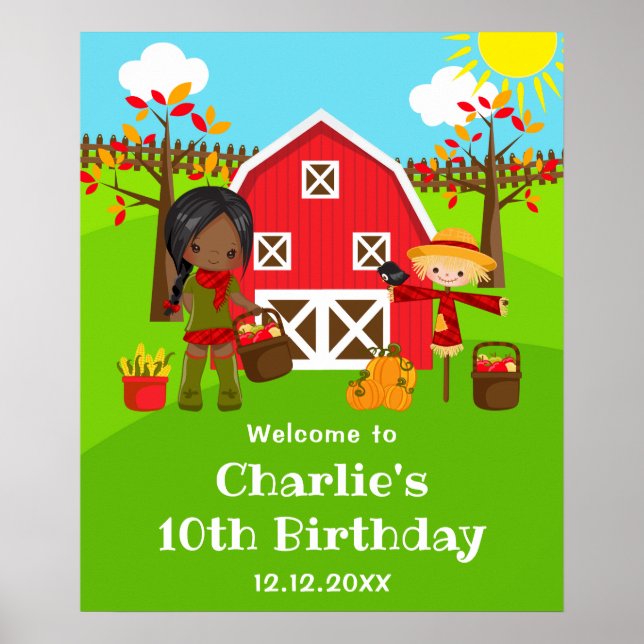Autumn Barnyard Birthday Dark Skin Girl Welcome Poster (Front)