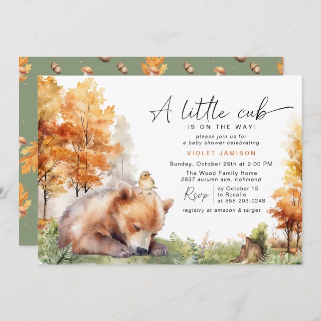 Autumn Bear Cub | Cute Fall Forest Baby Shower Invitation (Front/Back)