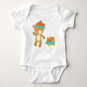 Autumn Bear, Cute Bear, Bear With Hat, Leaves Baby Bodysuit
