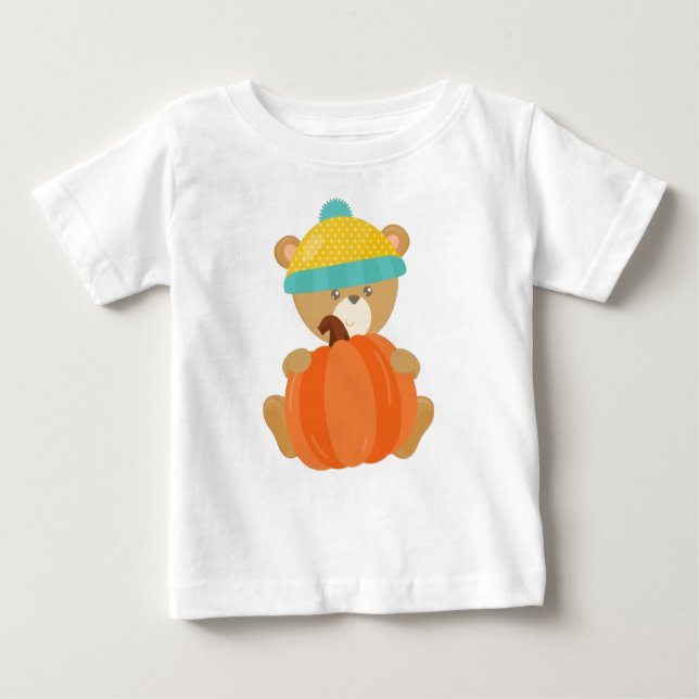 Autumn Bear, Cute Bear, Bear With Hat, Pumpkin Baby T-Shirt (Front)