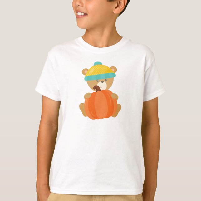 Autumn Bear, Cute Bear, Bear With Hat, Pumpkin T-Shirt (Front)