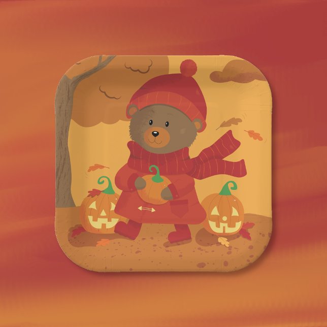 Autumn Bear Halloween Square Paper Plate (Cute non-scary Halloween paper plate with a brown bear carrying a little pumpkin .)