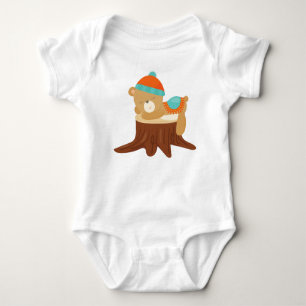 Autumn Bear, Sleeping Bear, Cute Bear, Tree Stump Baby Bodysuit