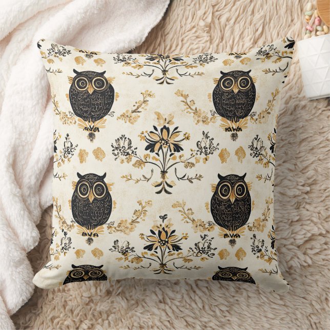 Autumn Beige Owl Botanical Forest Pattern Cushion (Blanket)
