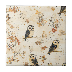 Autumn Beige Owl Botanical Forest Pattern Tile