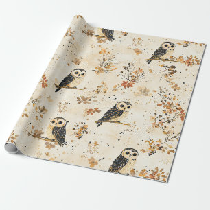 Autumn Beige Owl Botanical Forest Pattern Wrapping Paper