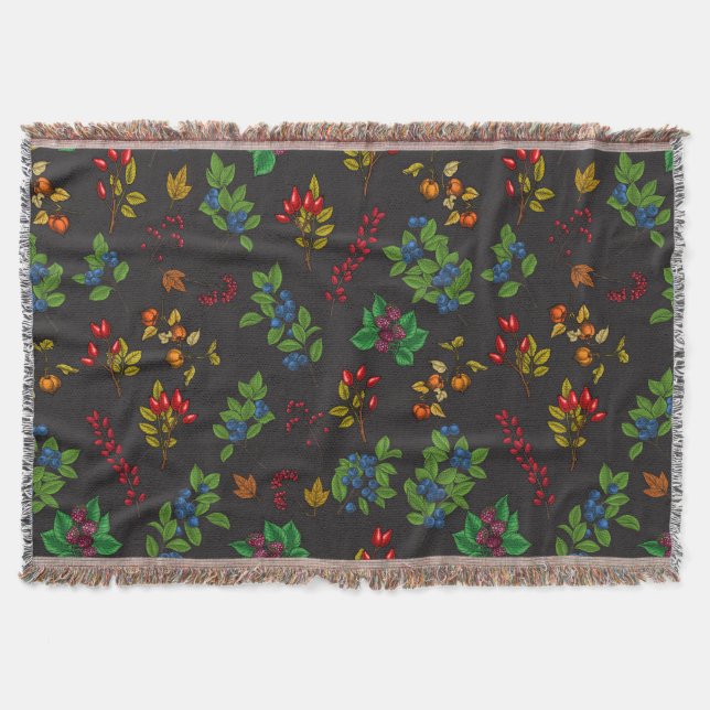 Autumn berries on chocolate brown throw blanket (Front)