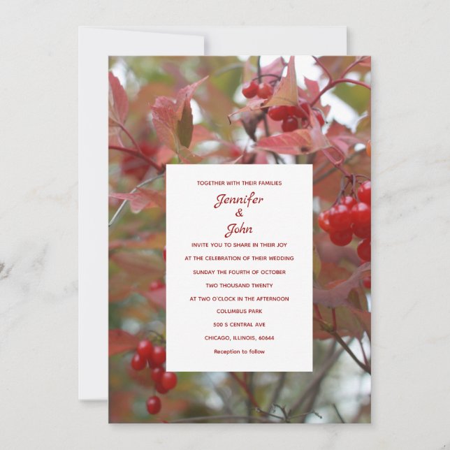 Autumn Berries Photo Rustic Fall Leaves Wedding Invitation (Front)