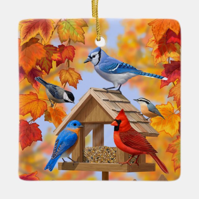 Autumn Bird Feeder Gathering Ceramic Tree Decoration (Front)