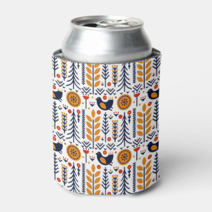 Autumn Bird Folk Art Pattern Can Cooler
