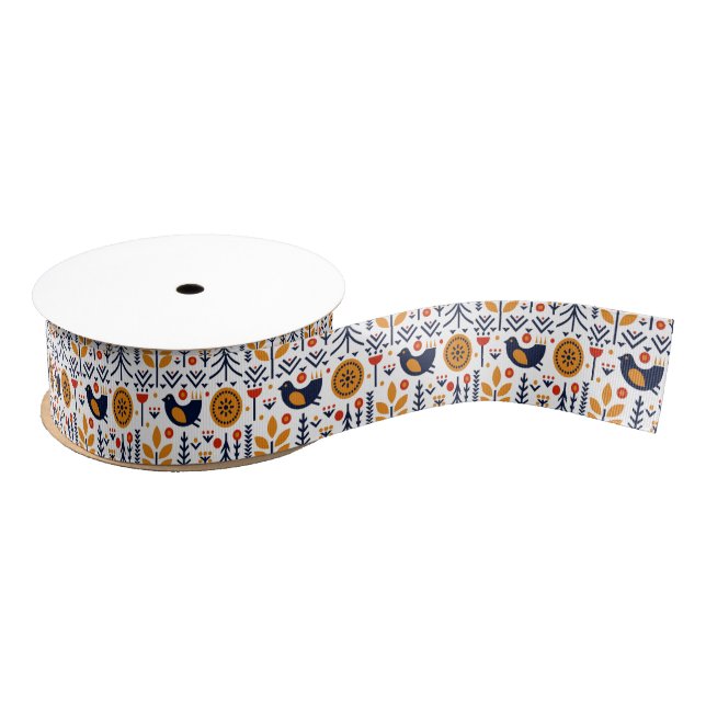 Autumn Bird Folk Art Pattern Grosgrain Ribbon (Spool)