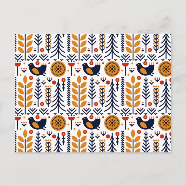 Autumn Bird Folk Art Pattern Holiday Postcard (Front)