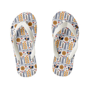 Autumn Bird Folk Art Pattern Kid's Jandals
