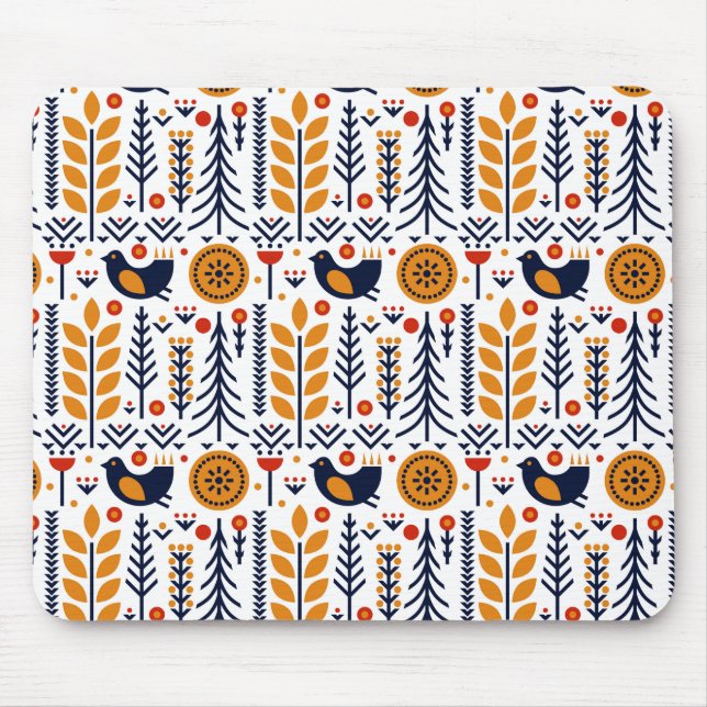 Autumn Bird Folk Art Pattern Mouse Pad (Front)