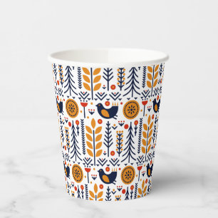 Autumn Bird Folk Art Pattern Paper Cups
