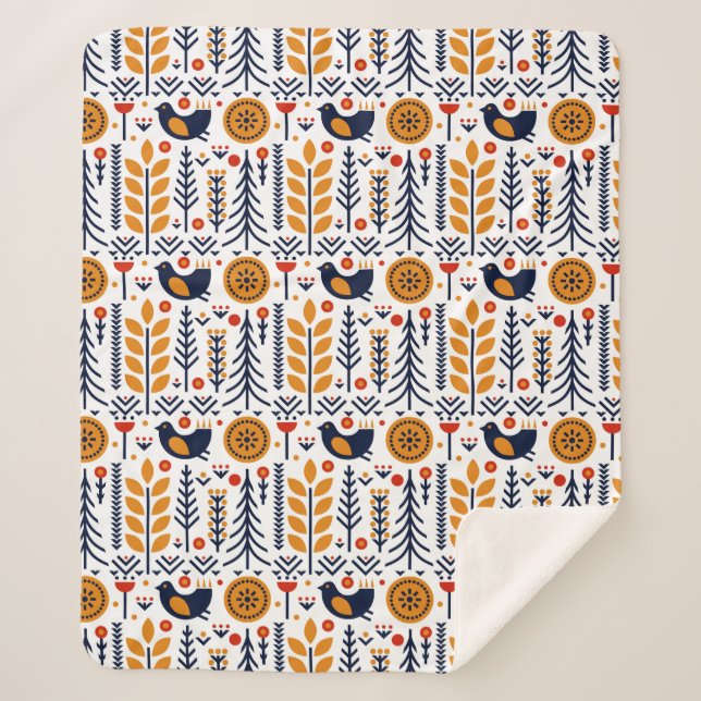 Autumn Bird Folk Art Pattern Sherpa Blanket (Front)