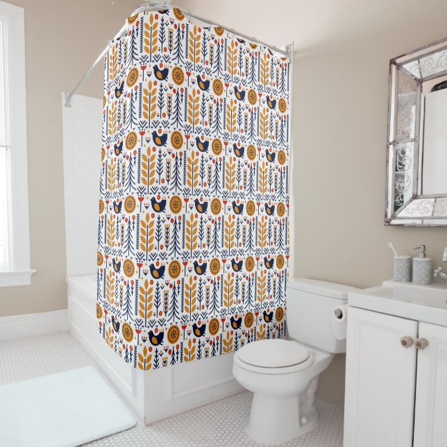 Autumn Bird Folk Art Pattern Shower Curtain (In Situ)