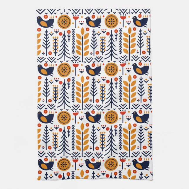 Autumn Bird Folk Art Pattern Tea Towel (Vertical)