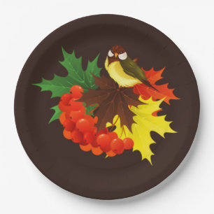 Autumn Bird, Leaves, and Berries Paper Plate